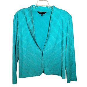 Ming Wang Aqua Teal Green Open Front Knit Cardigan Sweater Jacket blazer PXL